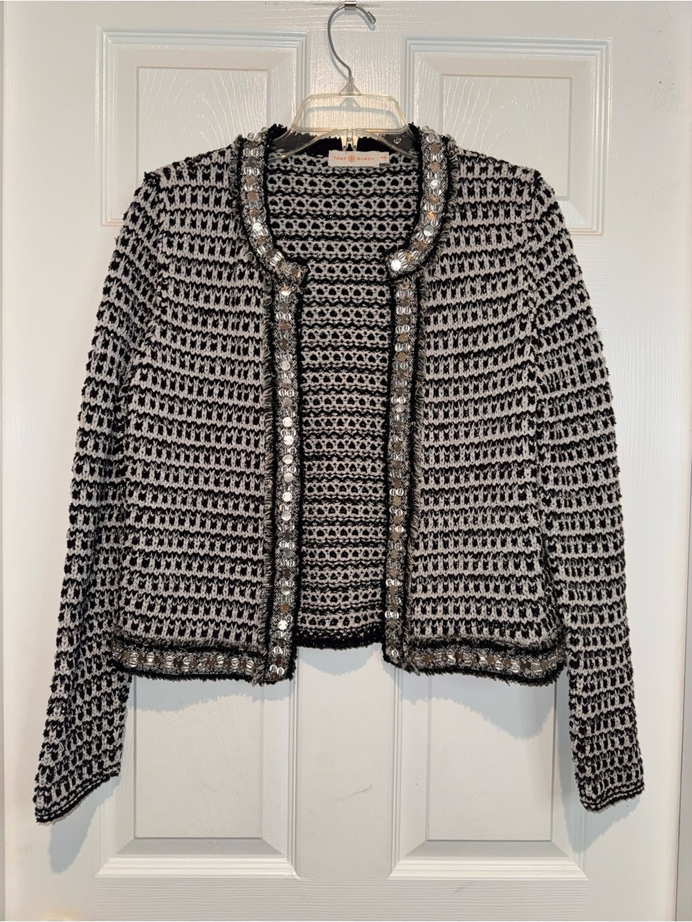 Tory Burch Black & White Embellished Open-Front Cardigan. Size M